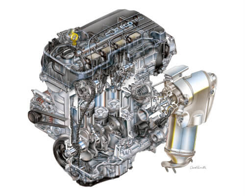 the 1.4-litre Ecotec engine in the 2016 Chevy Cruze, artist's rendition