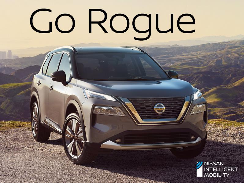 A silver Nissan Rogue parked in the foothills above a city.