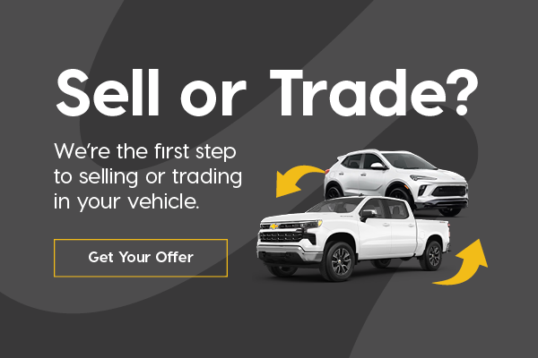 Gray banner with white text saying ‘Sell or Trade?’ beside two white Chevy and Buick vehicles with arrow graphics with a "Get Your Offer" Button