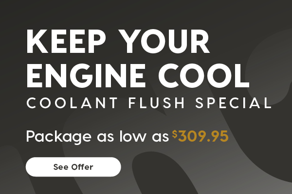 A Horizontal promotional banner featuring a mechanic inspecting a vehicle engine with the hood open. The mechanic is wearing safety glasses and a grey uniform. The vehicle is inside a service center. Headline: "Keep Your Engine Cool" Coolant Flush Special Package as low as $309.95