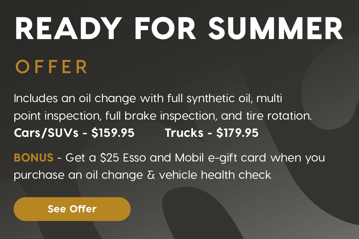 A horizontal promotional banner titled "Ready for Summer Offer" featuring a dark blue Chevrolet Traverse SUV parked in front of a summer sunset with trees in the background. Service Package Section: Text reads: "Package Includes:" Oil change with full synthetic oil , Multi-point inspection, Full brake inspection, and Tire rotation Prices are shown below: $159.95 for Cars $179.95 for Trucks. Bonus Offer Section: A dark blue box states: “Includes $25 Esso™ and Mobil™ e-gift card” "When you purchase an oil change & vehicle health check"