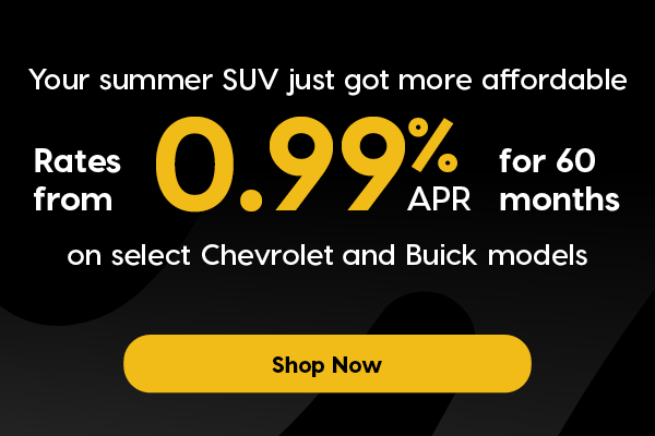 Summer Drive Event promotional banner featuring three Chevrolet SUVs driving on a scenic mountain road. Text reads: “Your summer SUV just got more affordable. Rates from 0.99% APR for 60 months on select Chevrolet and Buick models.” A stylized sun icon appears above the headline.