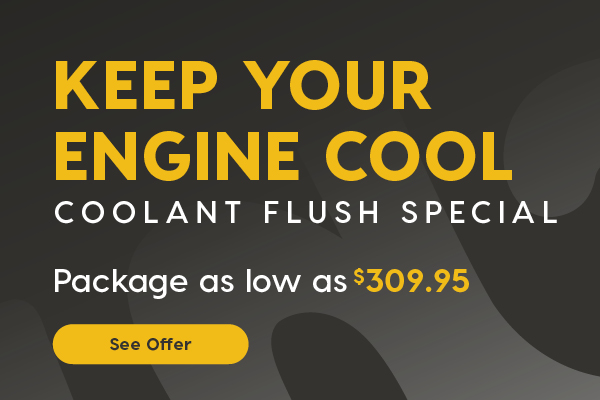 A Horizontal promotional banner featuring a mechanic inspecting a vehicle engine with the hood open. The mechanic is wearing safety glasses and a grey uniform. The vehicle is inside a service center. Headline: "Keep Your Engine Cool" Coolant Flush Special Package as low as $309.95