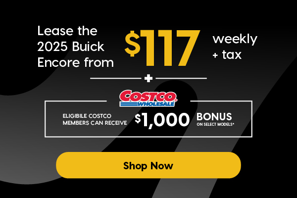 Promotional banner featuring a bronze 2025 Buick Encore parked on a tree-lined road, advertising a lease offer from $117 weekly plus tax, with eligible Costco members receiving a $1,000 bonus on select models. Includes a yellow "Shop Now" button.