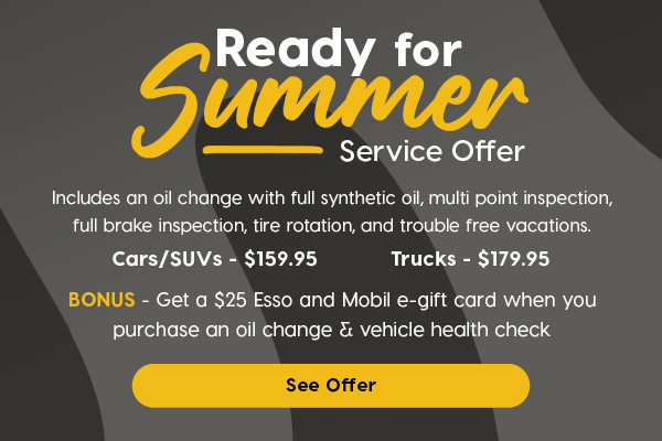 A horizontal promotional banner titled "Ready for Summer Offer" featuring a dark blue Chevrolet Silverado. Service Package Section: Text reads: "Package Includes:" Oil change with full synthetic oil , Multi-point inspection, Full brake inspection, and Tire rotation Prices are shown below: $159.95 for Cars $179.95 for Trucks. Bonus Offer Section: A dark blue box states: “Includes $25 Esso™ and Mobil™ e-gift card” "When you purchase an oil change & vehicle health check"