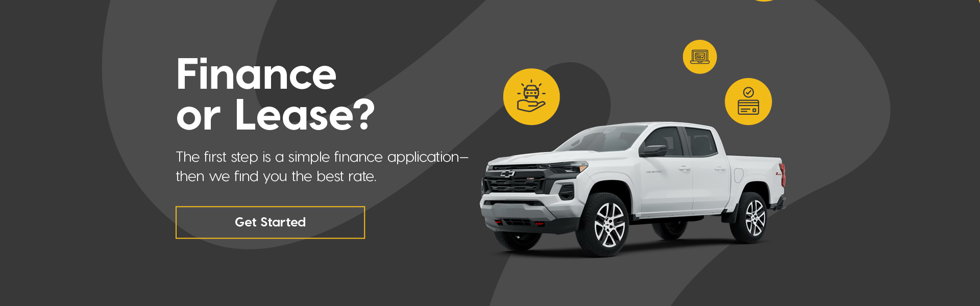 Finance or Lease? Banner with a white Chevrolet SUV on a dark gray background, featuring finance-related icons and text" The first step is a simple finance application— then we find you the best rate." with a "Learn More" button.