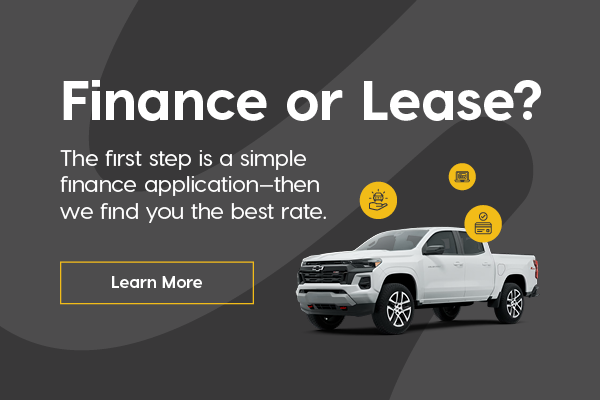 Finance or Lease? Banner with a white Chevrolet SUV on a dark gray background, featuring finance-related icons and text" The first step is a simple finance application— then we find you the best rate." with a "Learn More" button.