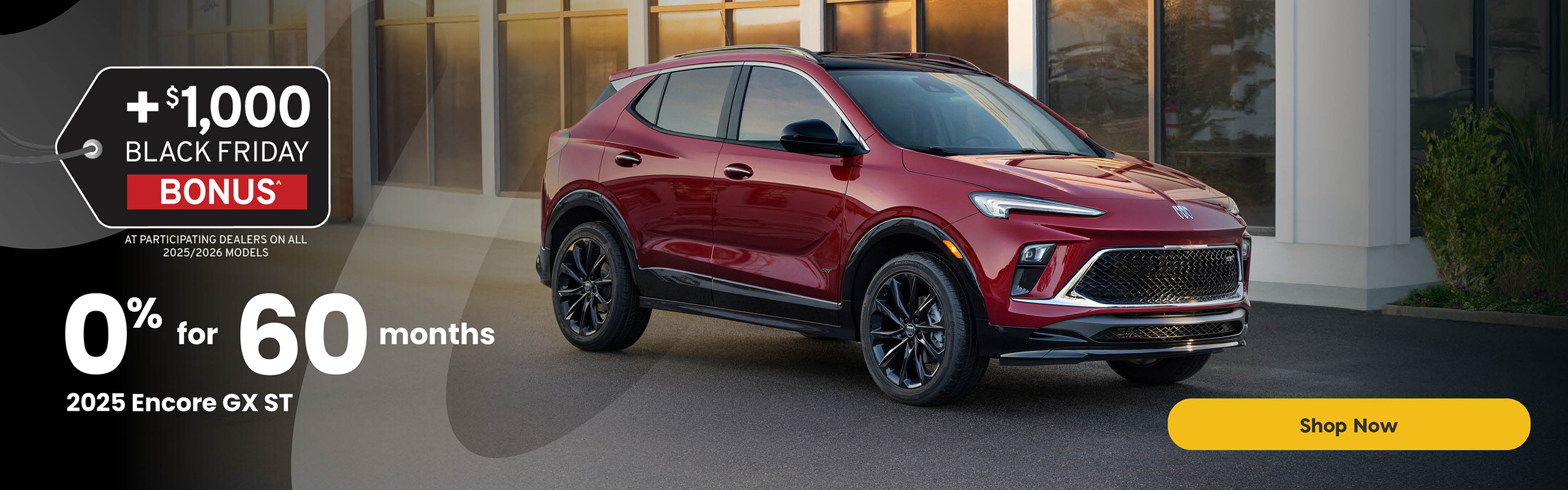 Black 2025 Chevrolet Silverado 1500 RST Crew Cab driving through a city street. Text reads: “+$1,000 Black Friday Bonus at participating dealers on all 2025/2026 models. 0% for 84 months on the 2025 Silverado 1500 RST Crew Cab. Ends November 26.” A yellow button reads “Shop Now.”