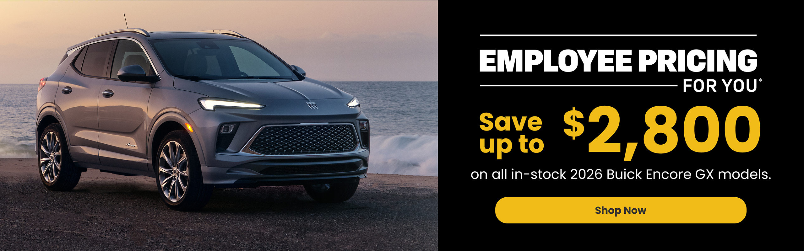 Buick Encore GX SUV by the water with a limited-time offer to save up to $2,800 on all in-stock 2026 models.