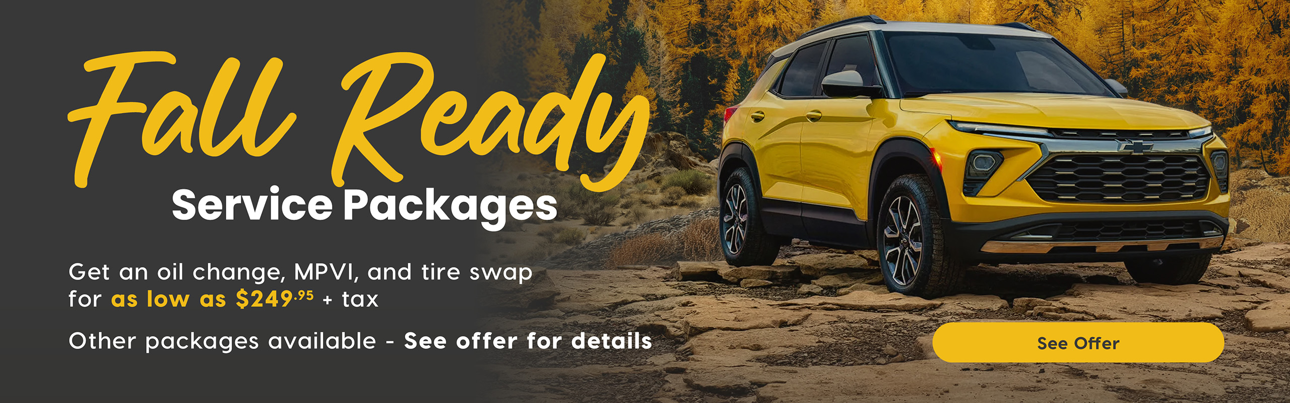 Fall Ready Service Package Get an oil change, MPVI, and tire swap for as low as $249.85 + tax Other packages available - See offer for details