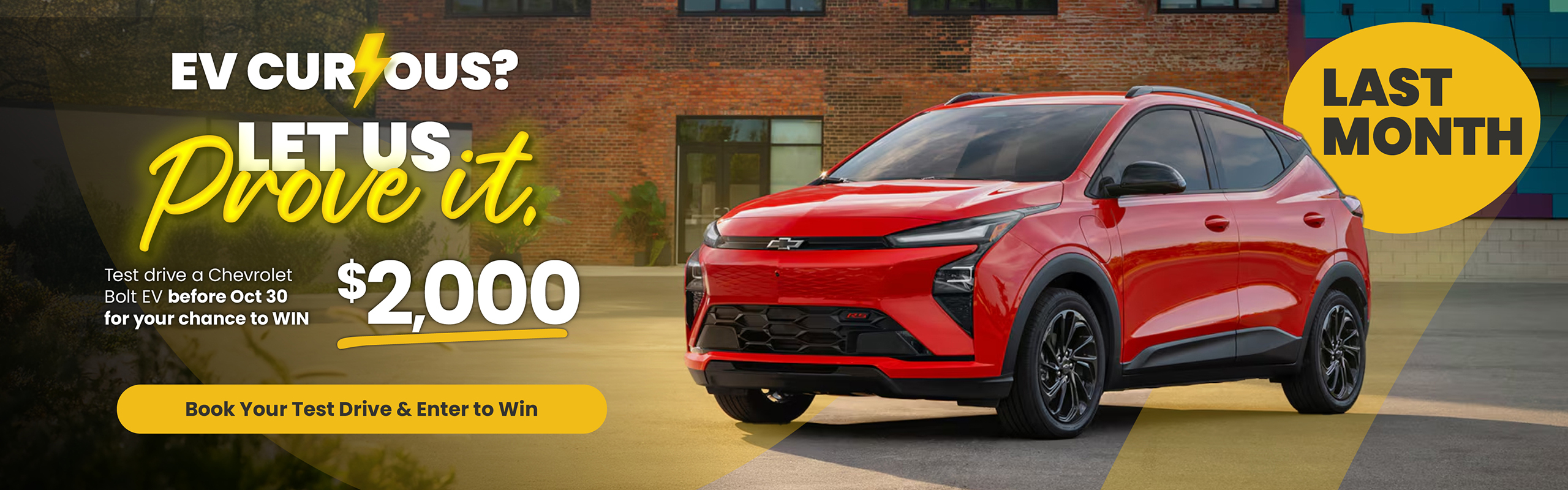 Chevrolet Bolt EV test-drive promotion offering a chance to win $2,000 if you test drive before October 30.
