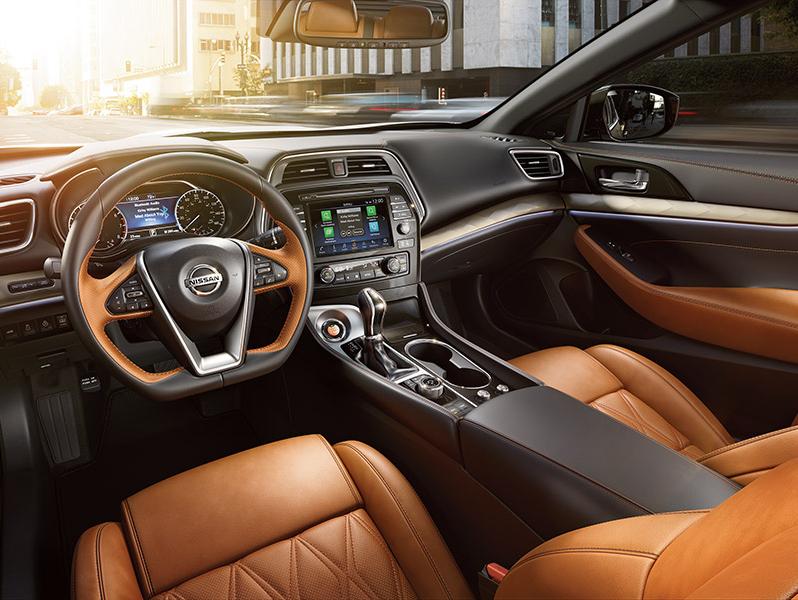 Interior view of the Nissan Maxima finished in tad leather.