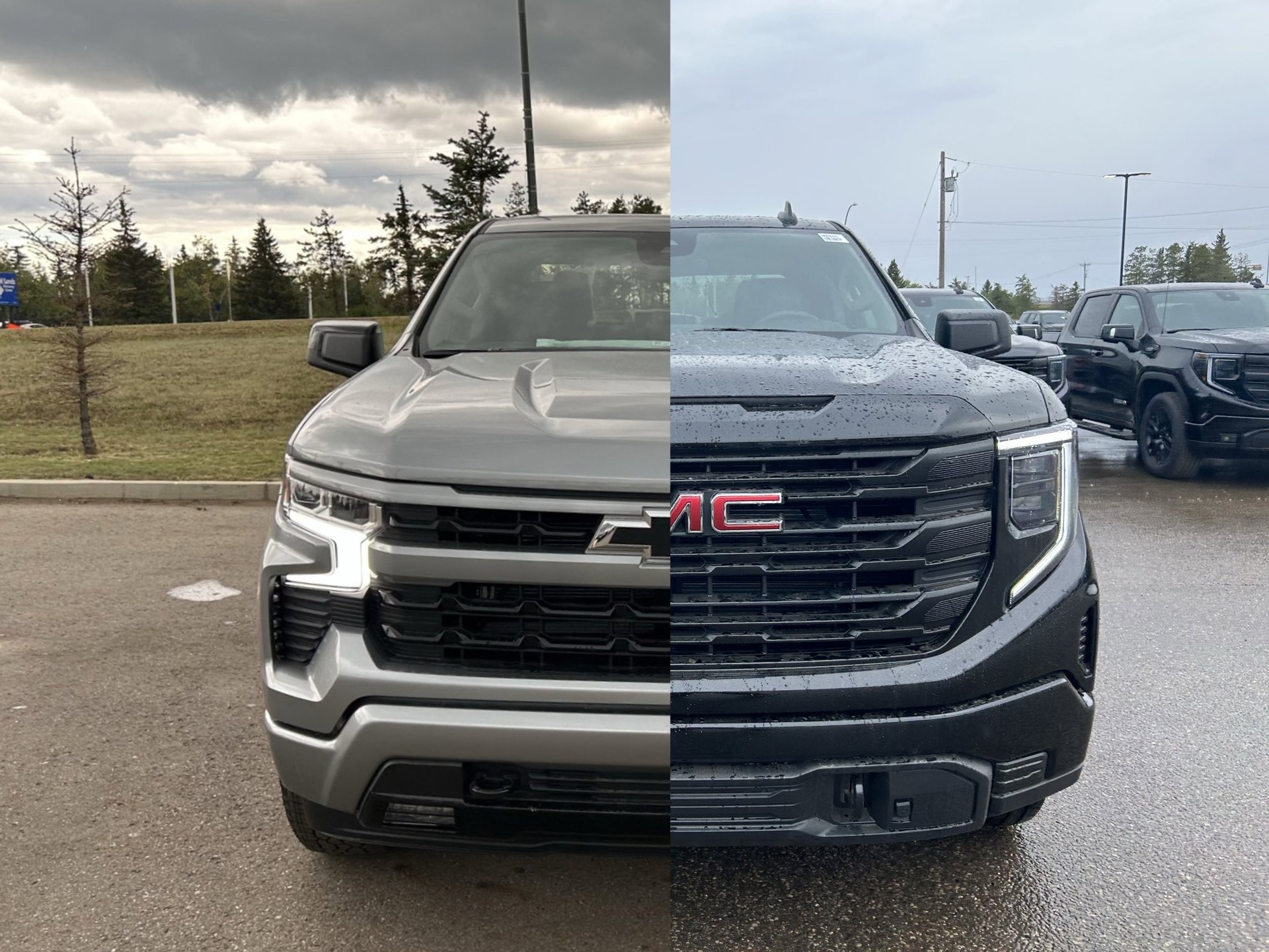Side-by-side view of the front grilles of the GMC Sierra and Chevrolet Silverado 1500