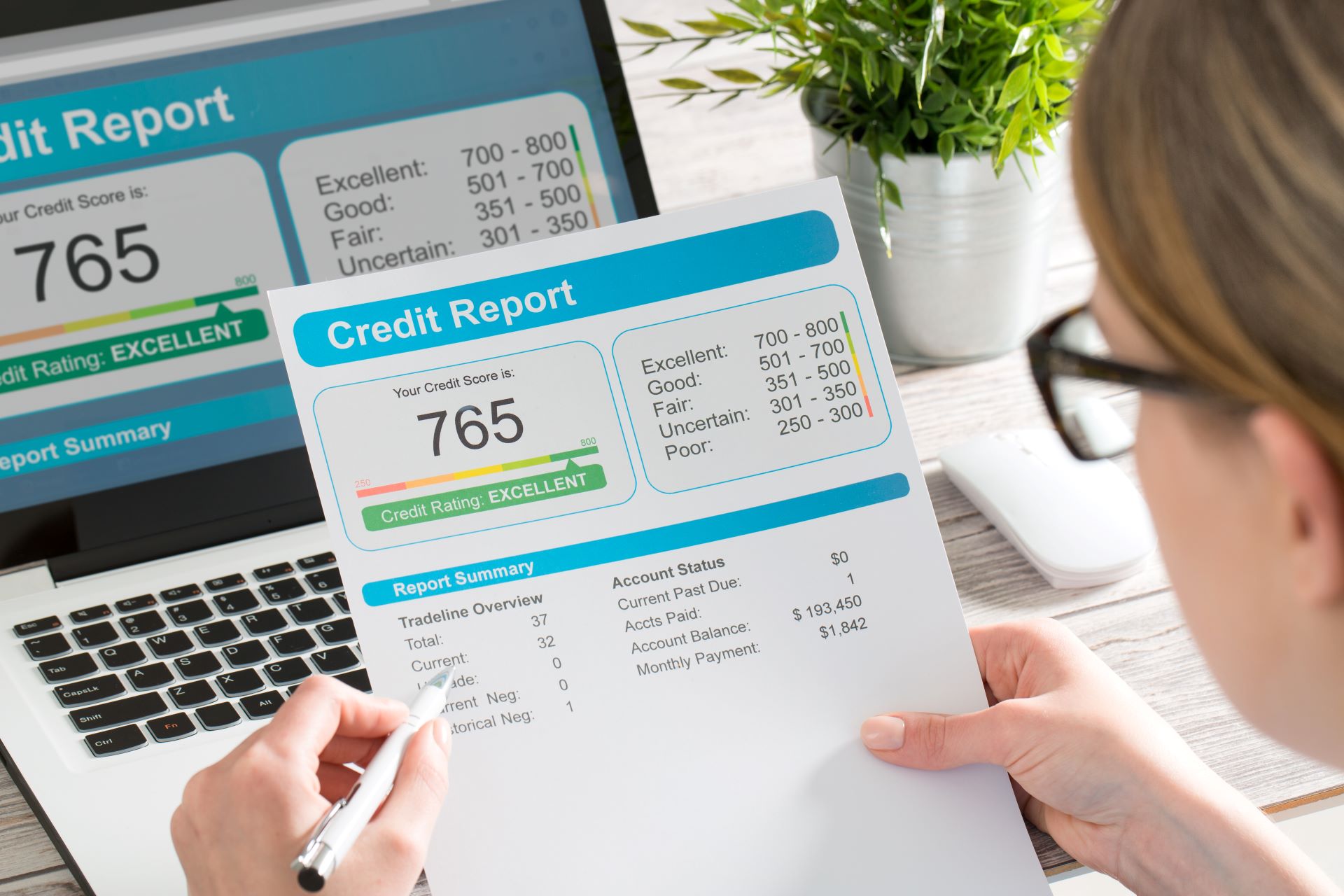 Woman holding credit report print out of online credit report with score of 765