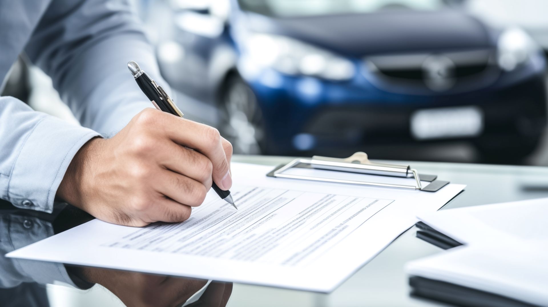 Signing car deal with pen and clipboard on reflective desk