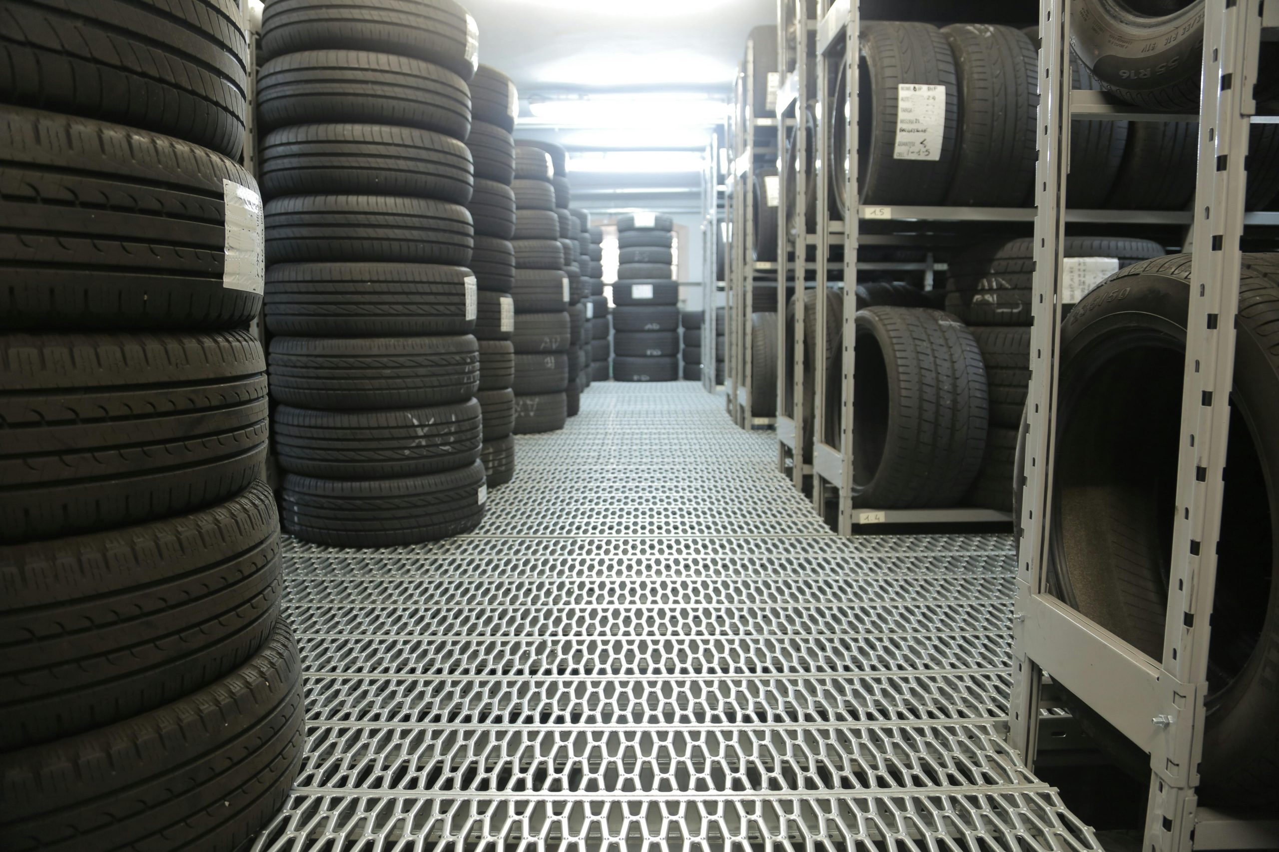 Tire storage showcasing different types of tires