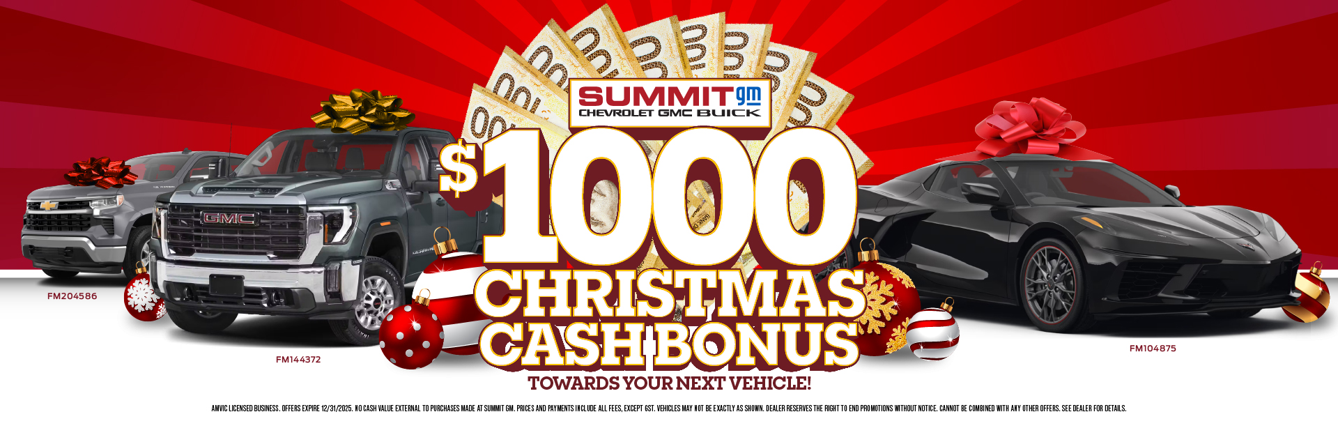 Get $1000 Christmas bonus cash towards your next vehicle purchase all December long only at Summit GM Fort McMurray
