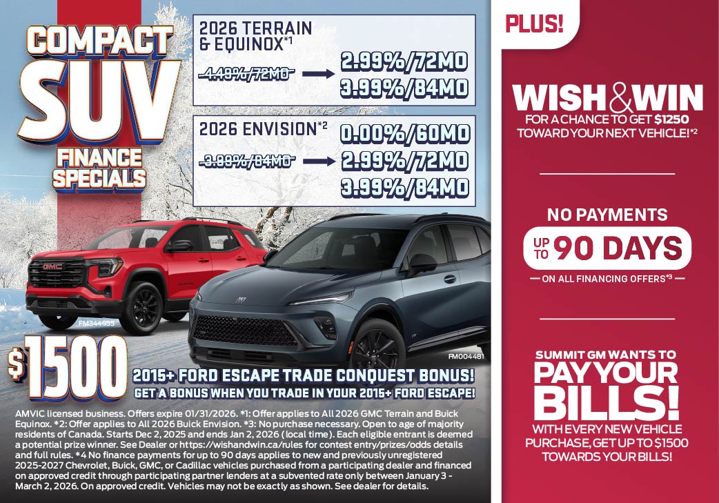 Get a $1500 Trade Conquest Bonus on all 2026 Terrains, Equinox, and Envision when you trade in a 2015+ Ford Escape only at Summit GM!
