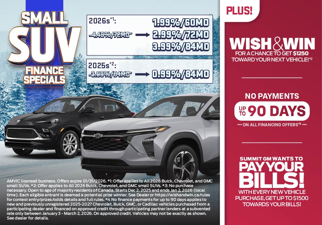 Get an enhanced finance rate on all 2026 Buick, Chevrolet, and GMC Small SUVs only at Summit GM!