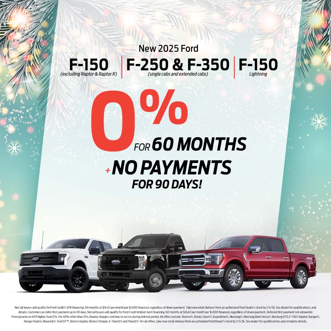 APR Truck Offer New 2025 Ford F-150 (excluding Raptor & Raptor R) New 2025 F-250 & F-350 (single cabs and extended cabs) New 2025 F-150 Lightning 0% for 60 months Plus No payments for 90 days!