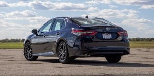 Exterior appearance of the 2021 Toyota Camry Hybrid available at Midlands Toyota
