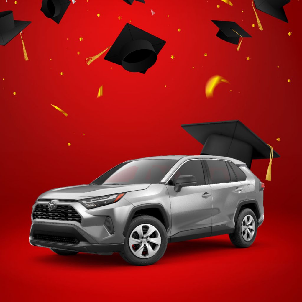 A Toyota RAV4 overlaid onto a red background with graduation caps flying in the background, making a Toyota the perfect first car for your graduate! Shop for your Toyota RAV4 at Midlands Toyota in Columbia, SC.