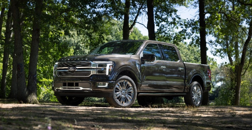 New Ford F-150 ⅞ front profile photo out on an adventure in a treed campsite in summer