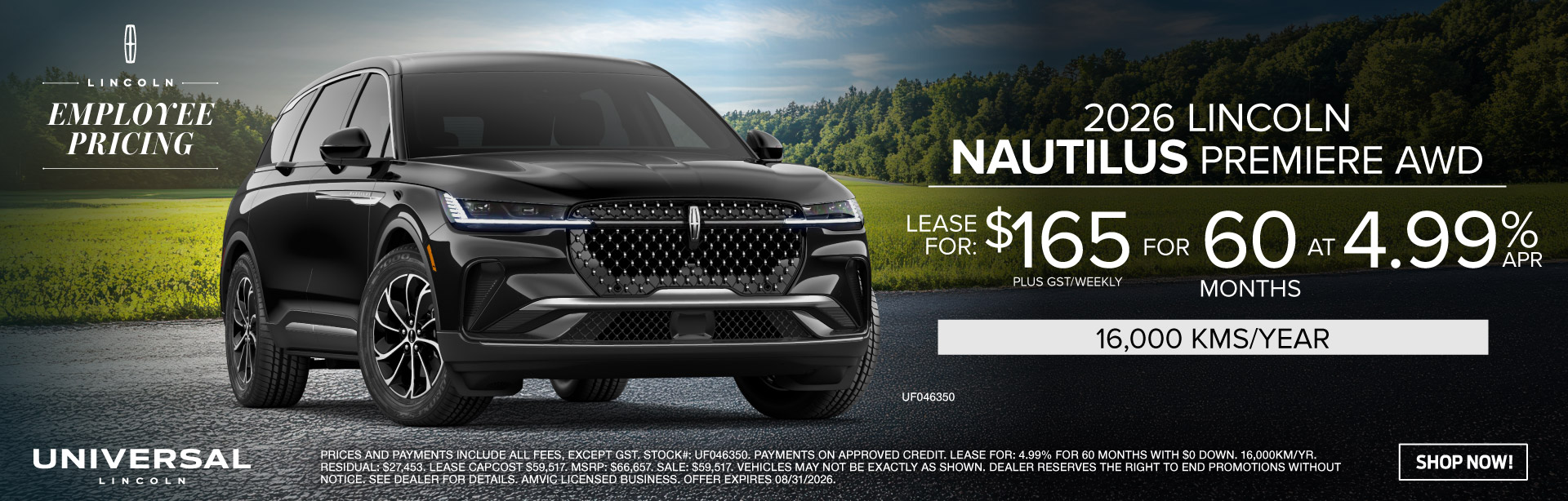 2026 LINCOLN NAUTILUS ARMERE $165 PLUS GST/WEEKLY FOR 60 AT 4.99%