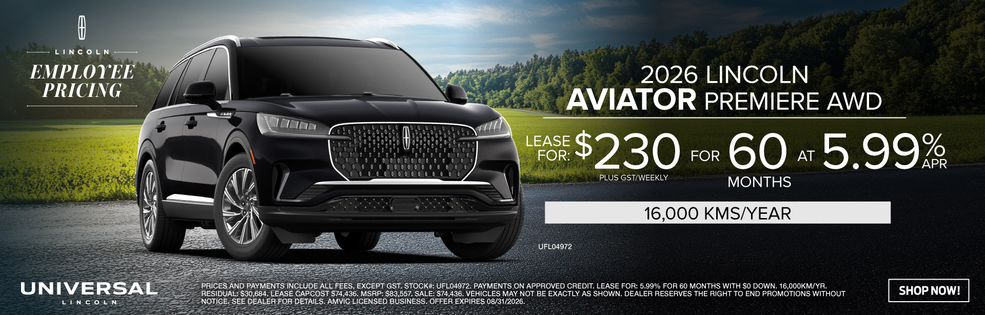 2026 LINCOLN AVIATOR PREMIERE AWD LEASE FOR: $230 PLUS GST/WEEKLY FOR 60+5.99%