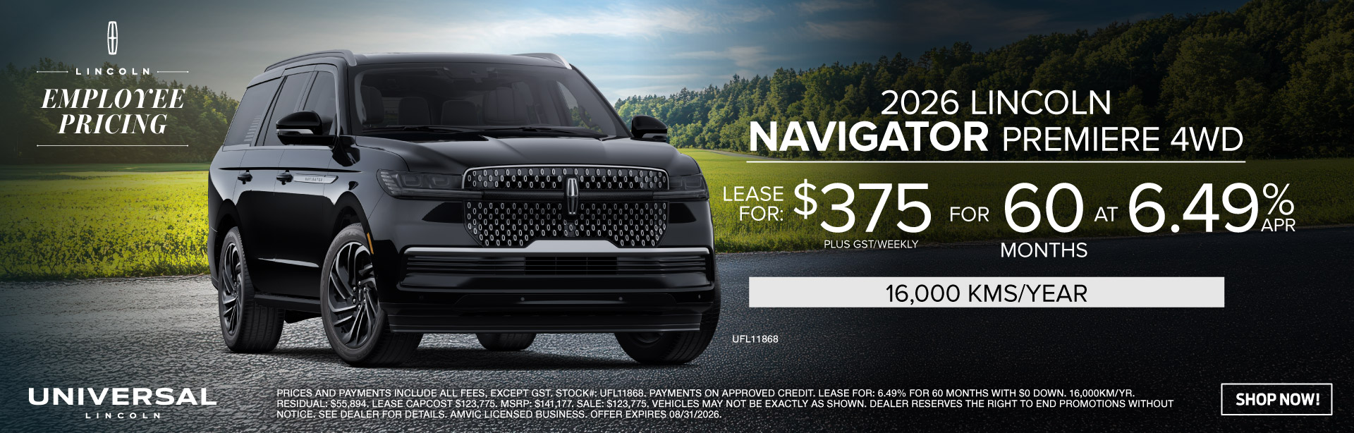 2026 LINCOLN NAVIGATOR AND PREMIERE LEASE FOR $375 PLUS GST/WEEKLY FOR 60A6.49%