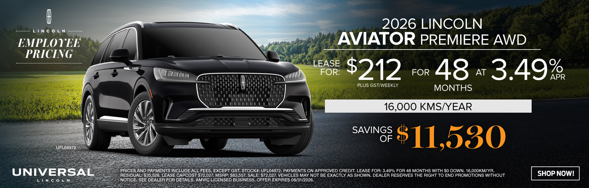 2026 LINCOLN AVIATOR PREMIERE AWD $212 FOR PLUS GST/WEEKLY FOR 48T3.49% MONTHS 16,000 KMS/YEAR SAVINGS OF $11,530