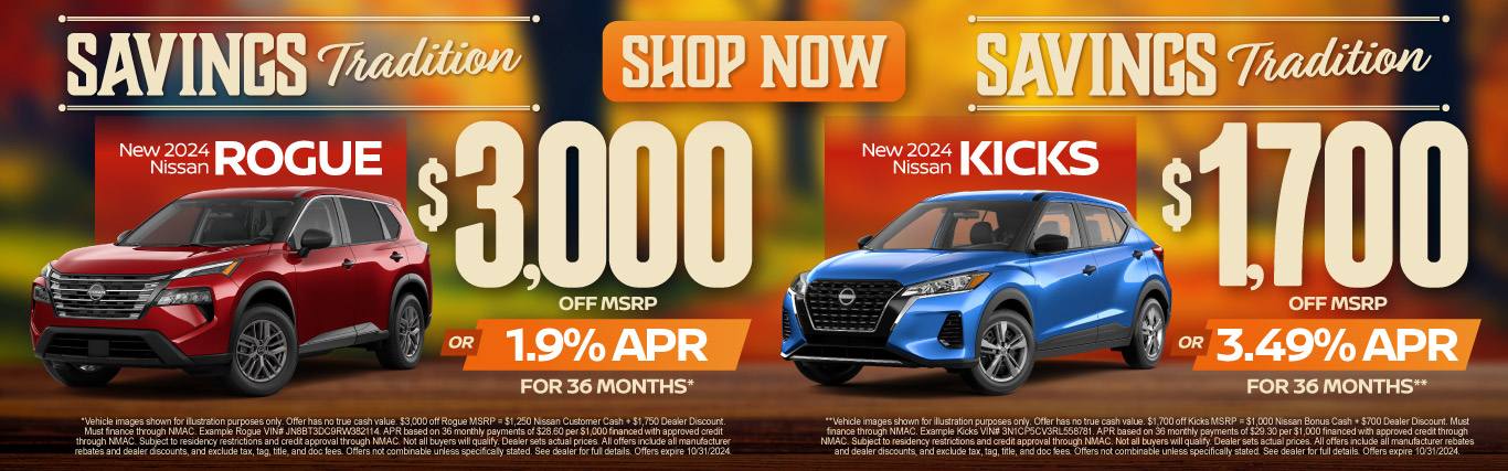 New 2024 Nissan Rogue and Kicks Take Up To $3,000 Off MSRP* or Finance For As Low As 1.9% APR**