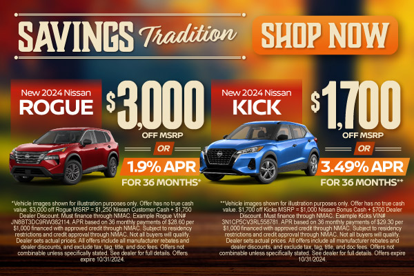 New 2024 Nissan Rogue and Kicks Take Up To $3,000 Off MSRP* or Finance For As Low As 1.9% APR**