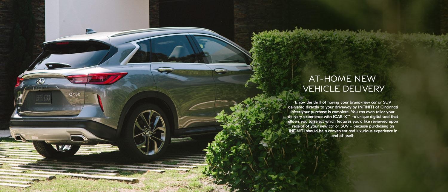 Enjoy at home vehicle delivery. Image of parked QX30.