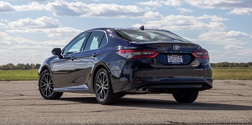 Exterior appearance of the 2021 Toyota Camry Hybrid available at Rocky Mount Toyota