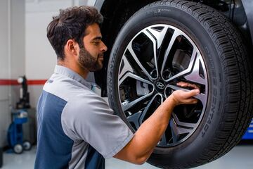 Technician Changing Tire on Hyundai Vehicle