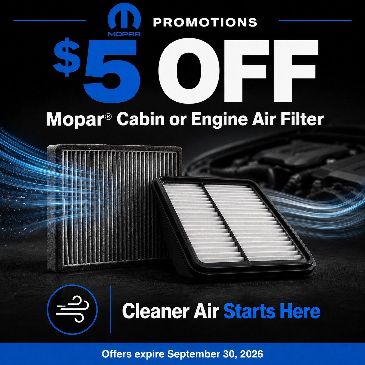 $5 off Mopar Cabin or Engine Air Filter