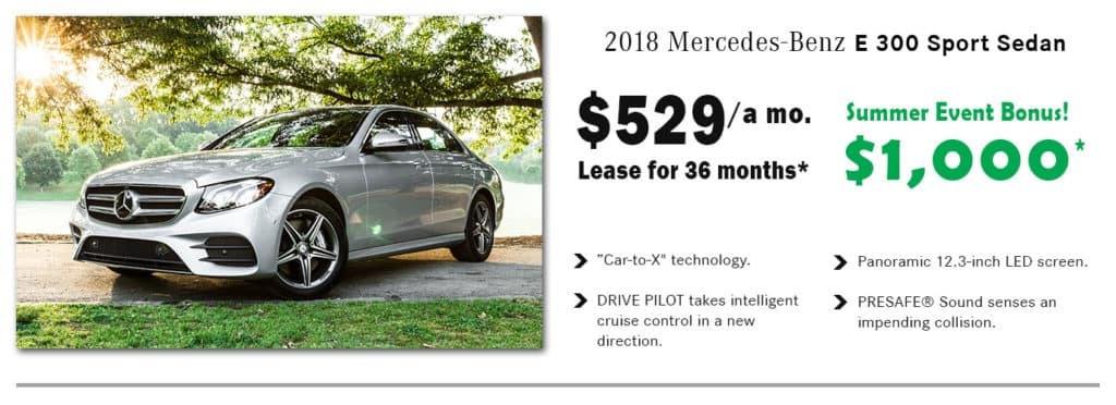 Black sedan on green grass field during daytime | 2018 Mercedes - Benz E 300 Sport Sedan a mo. Summer Event Bonus ! $ 529 / a Lease for 36 months $ 1,000, Car - to - technology. DRIVE PILOT takes intelligent cruise control in a new direction. Panoramic 12.3 - inch LED screen. PRESAFE® Sound senses an impending collision.
