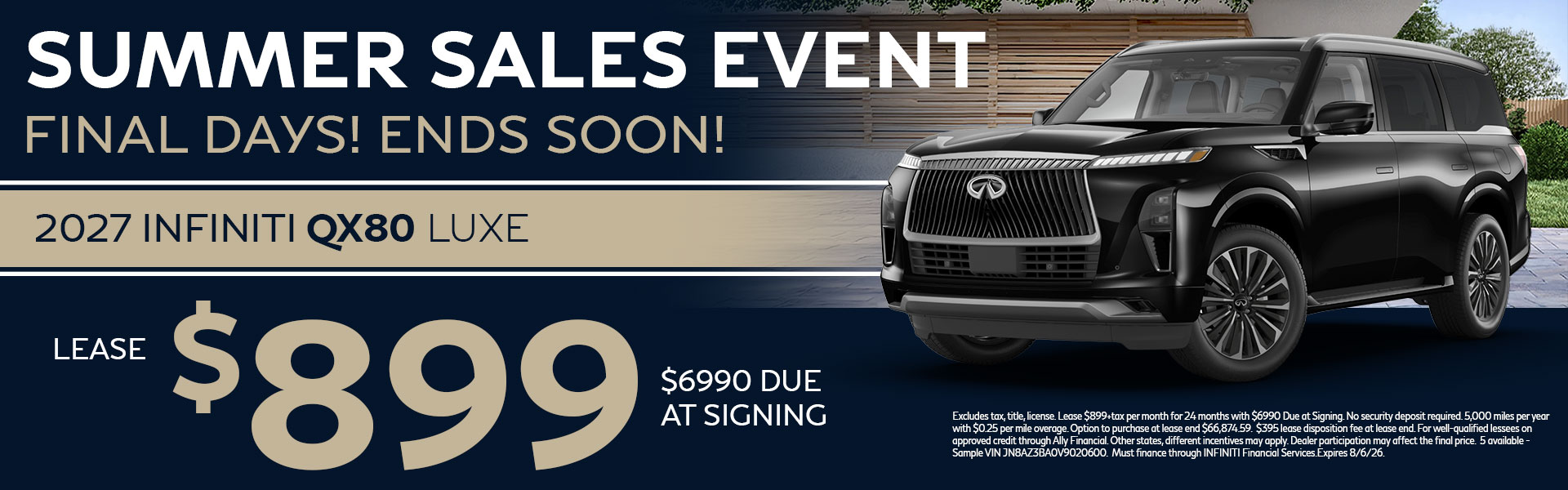 Lease the 2027 INFINITI QX80 LUXE for $899 per month. Experience flagship three-row luxury, premium technology, and exceptional comfort at INFINITI of Las Vegas.