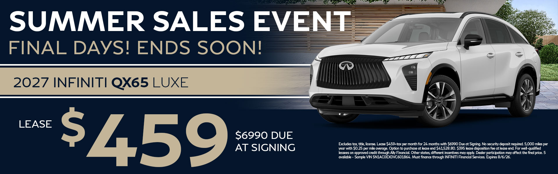 Lease the all-new 2027 INFINITI QX65 LUXE for $459 per month. Enjoy bold coupe-inspired styling, premium technology, and luxury performance at INFINITI of Las Vegas.