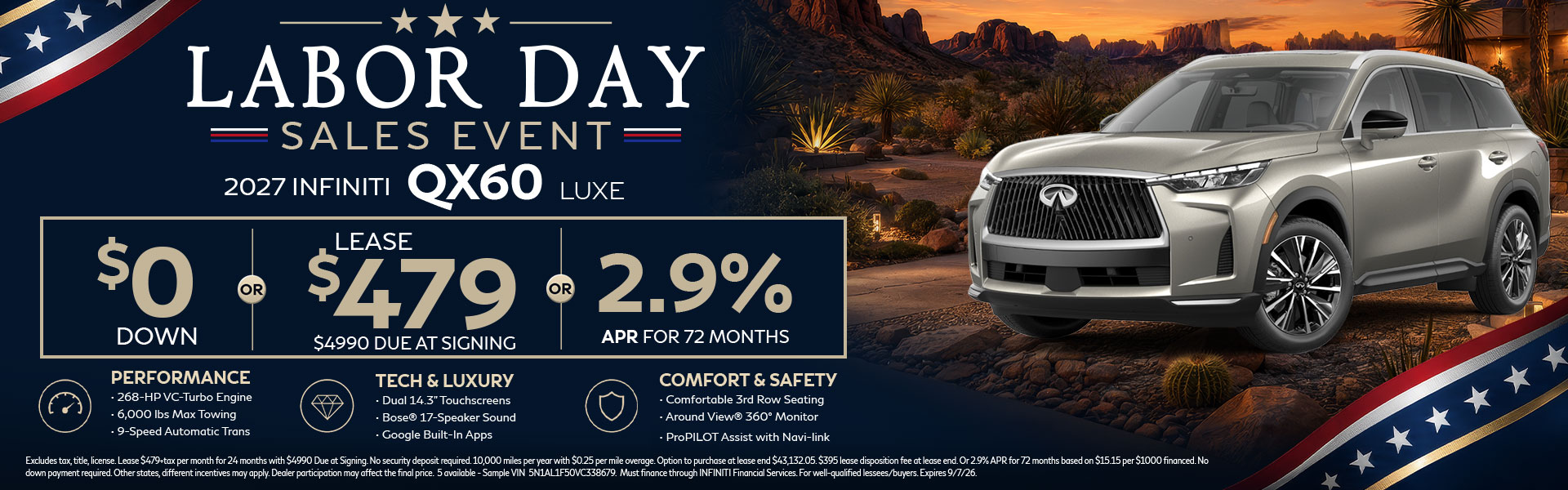 Lease the 2027 INFINITI QX60 LUXE for $479 per month. Discover premium three-row luxury, advanced safety technology, and exceptional value at INFINITI of Las Vegas.