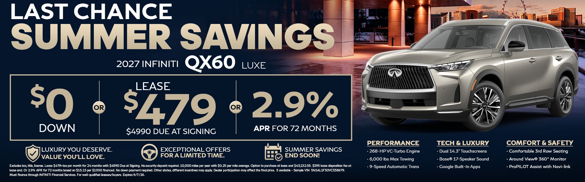 Lease the 2027 INFINITI QX60 LUXE for $479 per month. Discover premium three-row luxury, advanced safety technology, and exceptional value at INFINITI of Las Vegas.