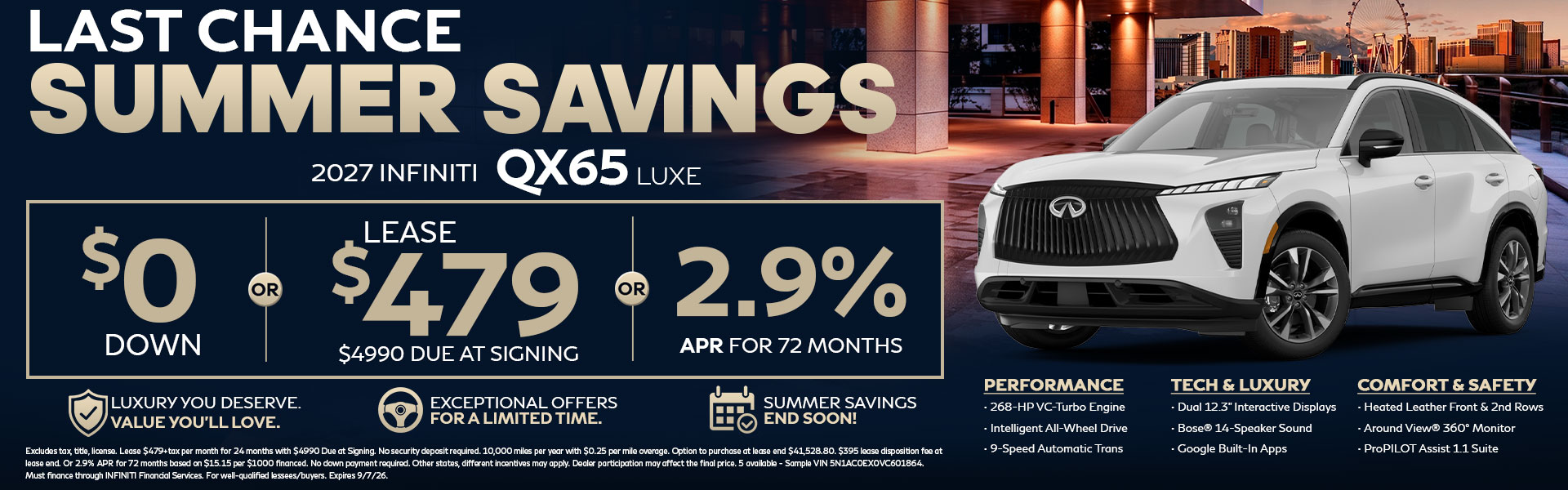 Lease the all-new 2027 INFINITI QX65 LUXE for $459 per month. Enjoy bold coupe-inspired styling, premium technology, and luxury performance at INFINITI of Las Vegas.