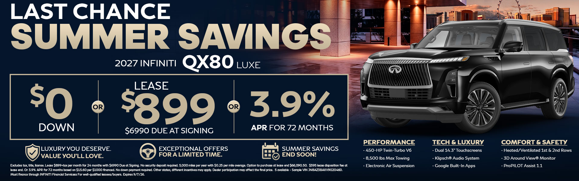 Lease the 2027 INFINITI QX80 LUXE for $899 per month. Experience flagship three-row luxury, premium technology, and exceptional comfort at INFINITI of Las Vegas.