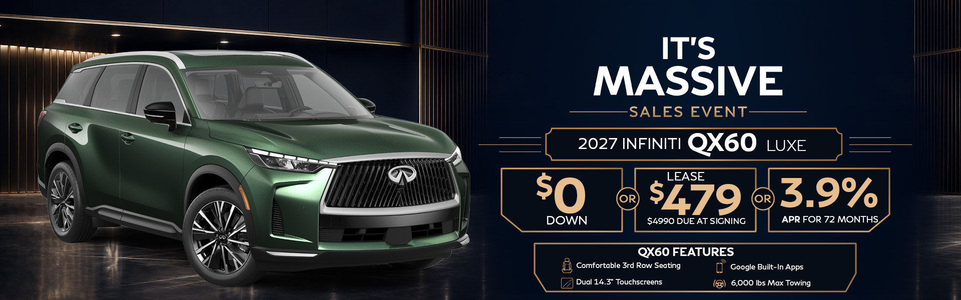 Upgrade to the 2027 INFINITI QX80 LUXE during the It’s Massive Sales Event—choose $0 down, lease for $899 per month with $6,999 due at signing, or get 3.9% APR for 72 months.