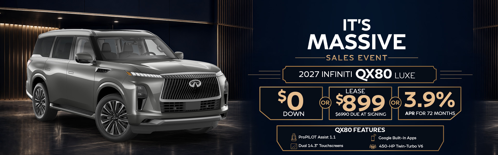 Shop the 2027 INFINITI QX60 LUXE during the It’s Massive Sales Event—choose $0 down, lease for $479 per month with $4,999 due at signing, or get 3.9% APR for 72 months.