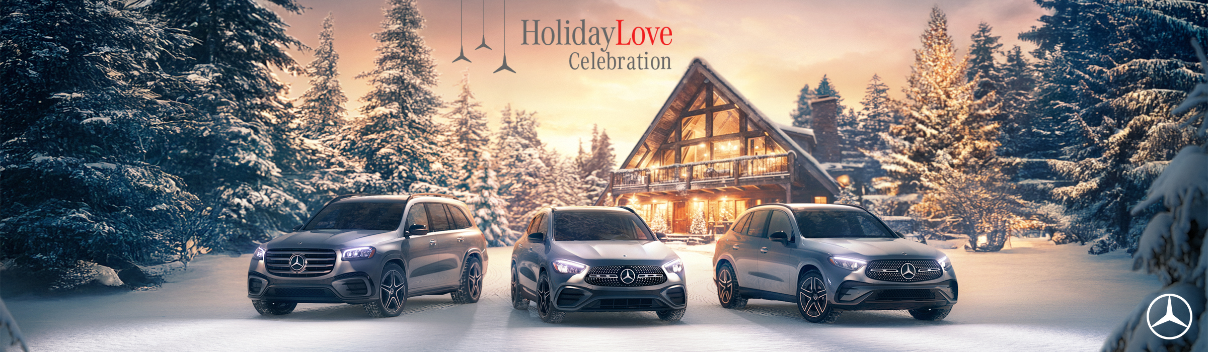 The Mercedes-Benz Holiday Love sales banner featuring a Mercedes-Benz model lineup on display and winter holiday decorations