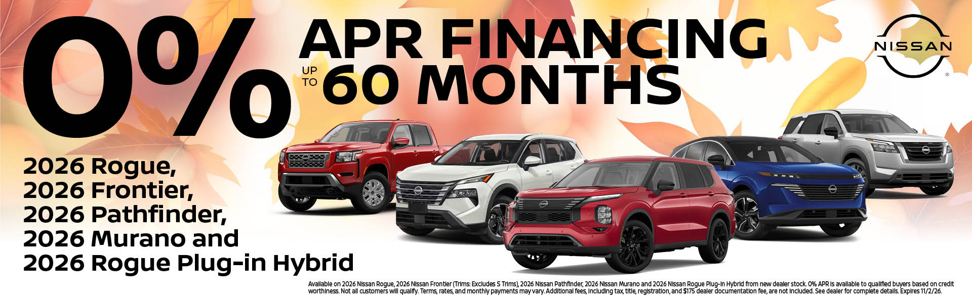 0% APR Financing for up to 60 months on select New 2026 Nissan models at Smithtown Nissan