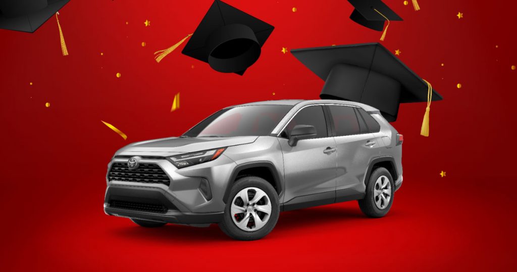 A Toyota RAV4 with a red overlay behind it and graduation caps flying above it, making this a perfect first car for your graduate near Johnson City Toyota!